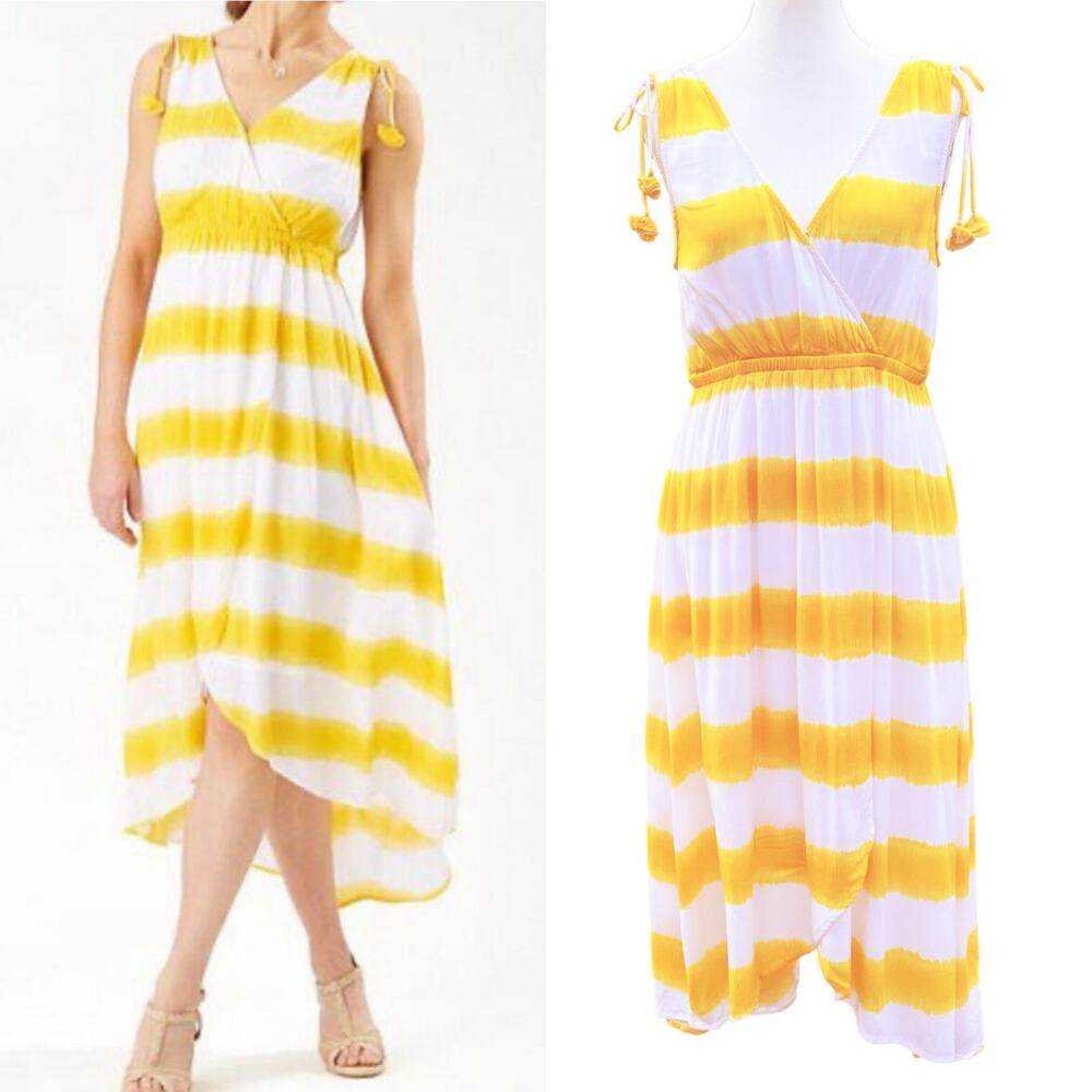 TOMMY BAHAMA Yellow White Stripe Wrap Hi-Low Sleeveless‎ Sundress Small Petite